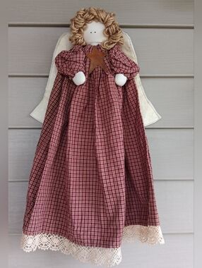 Vintage Primitive Folk Art Angel Doll. Can Hang Or Sit.  20"L X 7"W